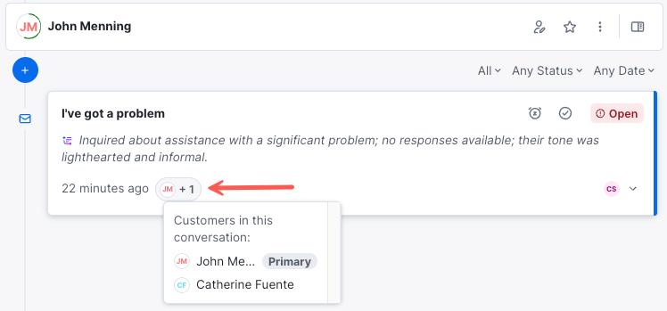 sample customer service conversation in Kustomer with two customers