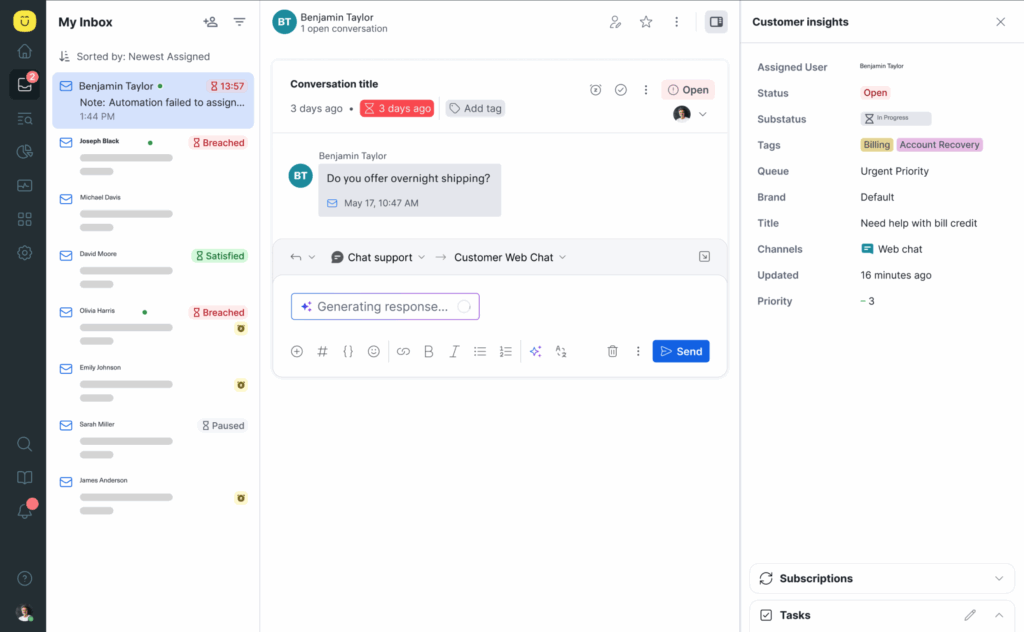 A customer support dashboard, ideal for those seeking Intercom Alternatives, shows an open chat conversation, customer details, tags, and message status updates, with options to assign, prioritize, and manage tickets on the right sidebar.