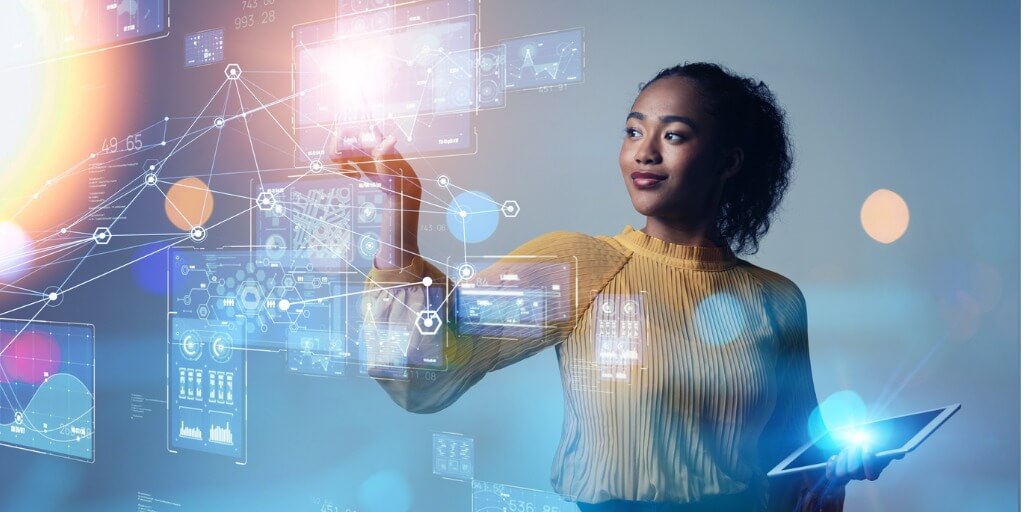A woman holding a tablet interacts with futuristic digital data holograms and charts, appearing to touch virtual interfaces displaying graphs and analytics, symbolizing technology, innovation, and next-level customer experience (CX).