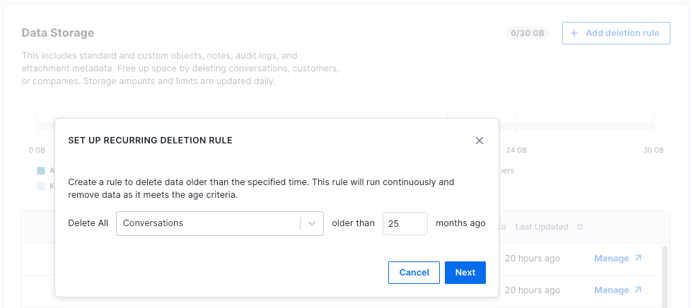 Image showing Kustomer data deletion rules in the software