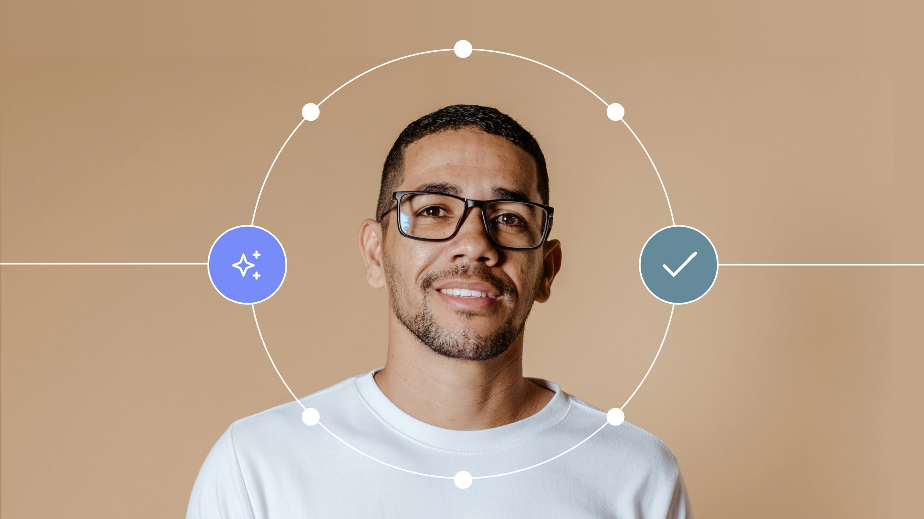 Image of a man with a circle of icons representing retaining talent with AI