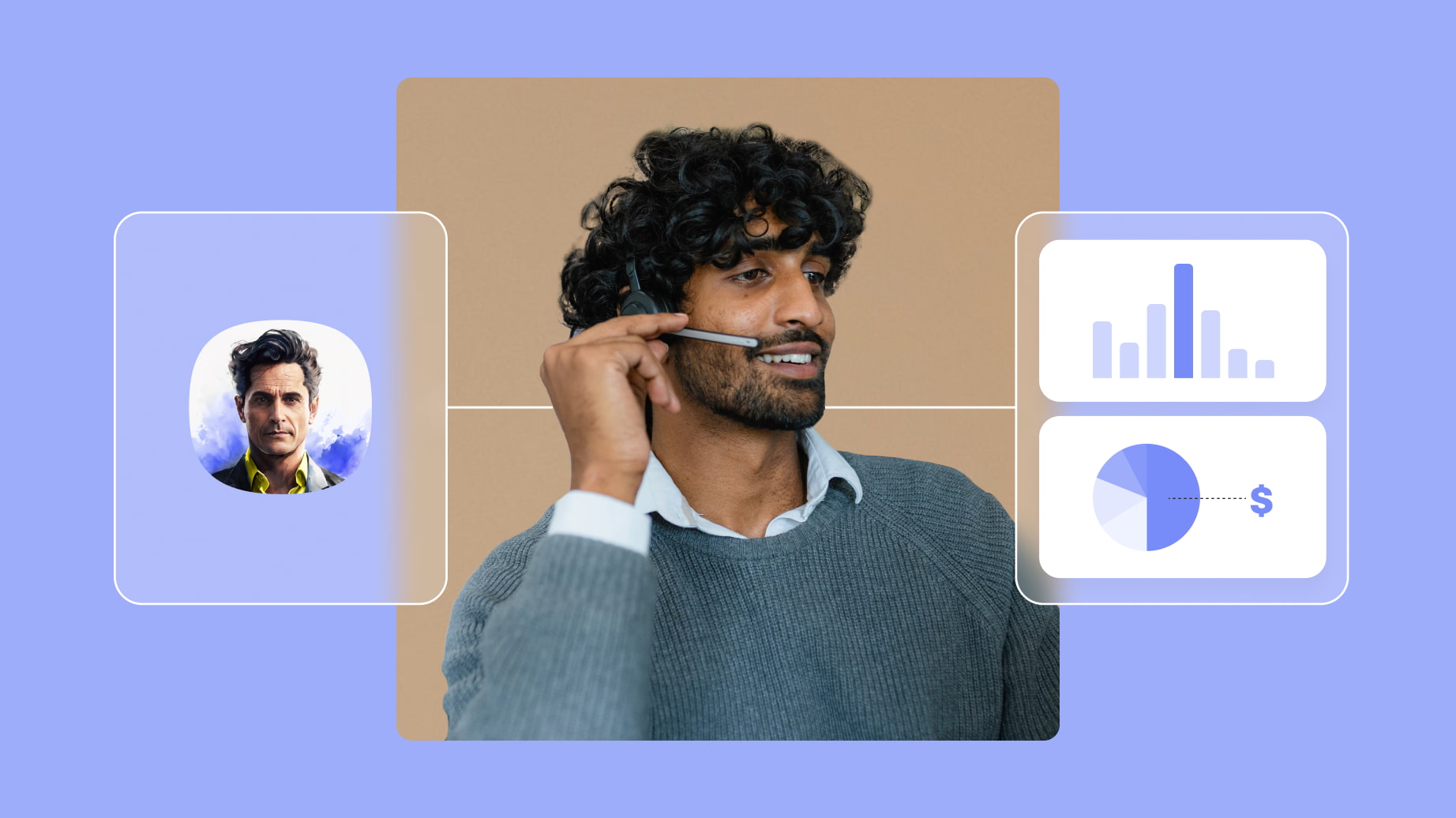 Image of a male customer service representative with icons of charts