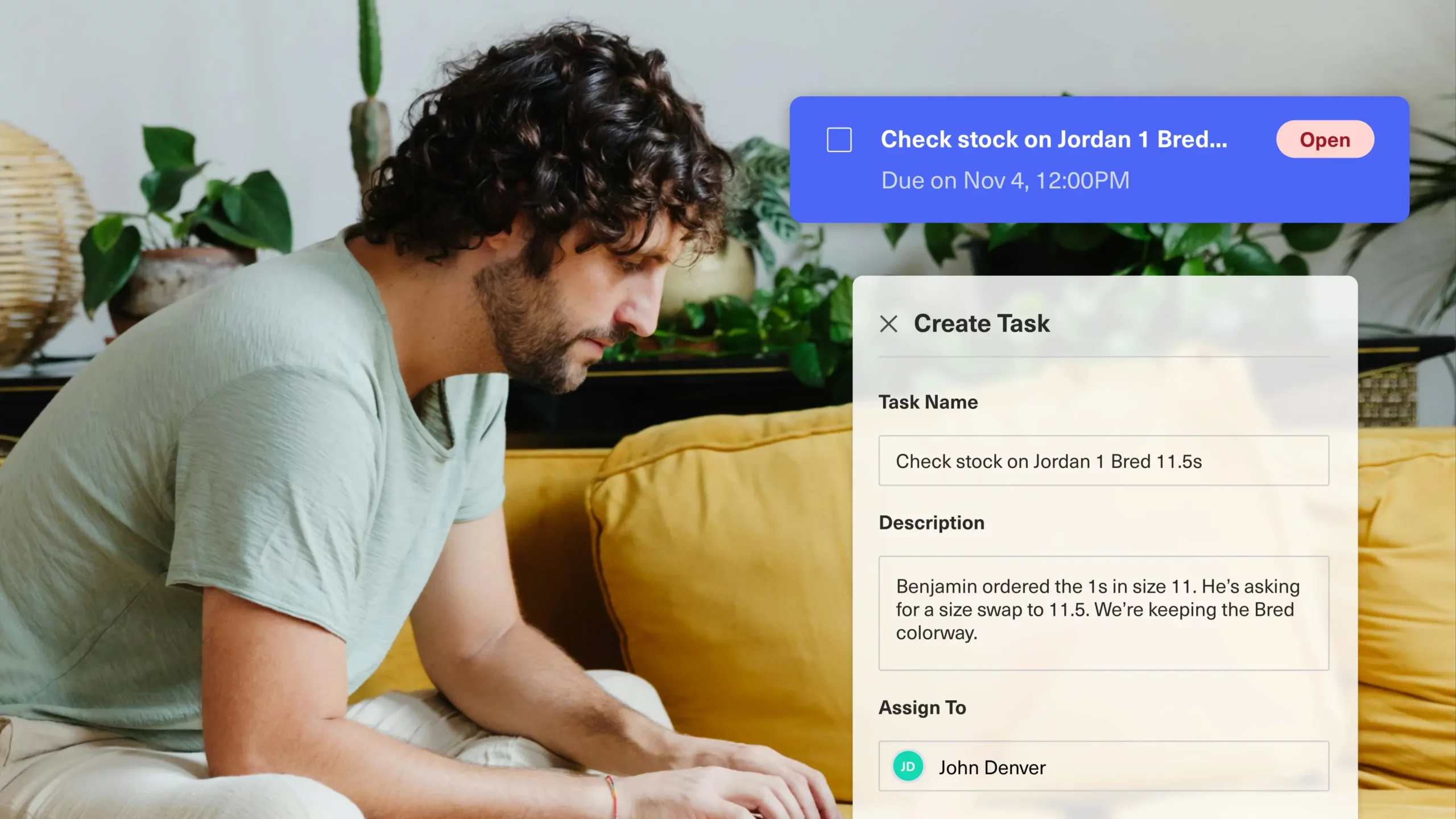 Image of a man on a couch using a computer with sample UI of a customer service followup task