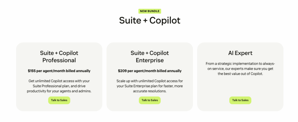 Three white boxes compare a Suite + Copilot bundle—showcasing Professional at $155/agent/month, Enterprise at $209/agent/month, and an AI Expert service. Each features a green “Talk to Sales” button, inviting you to explore Freshdesk vs. Zendesk options.