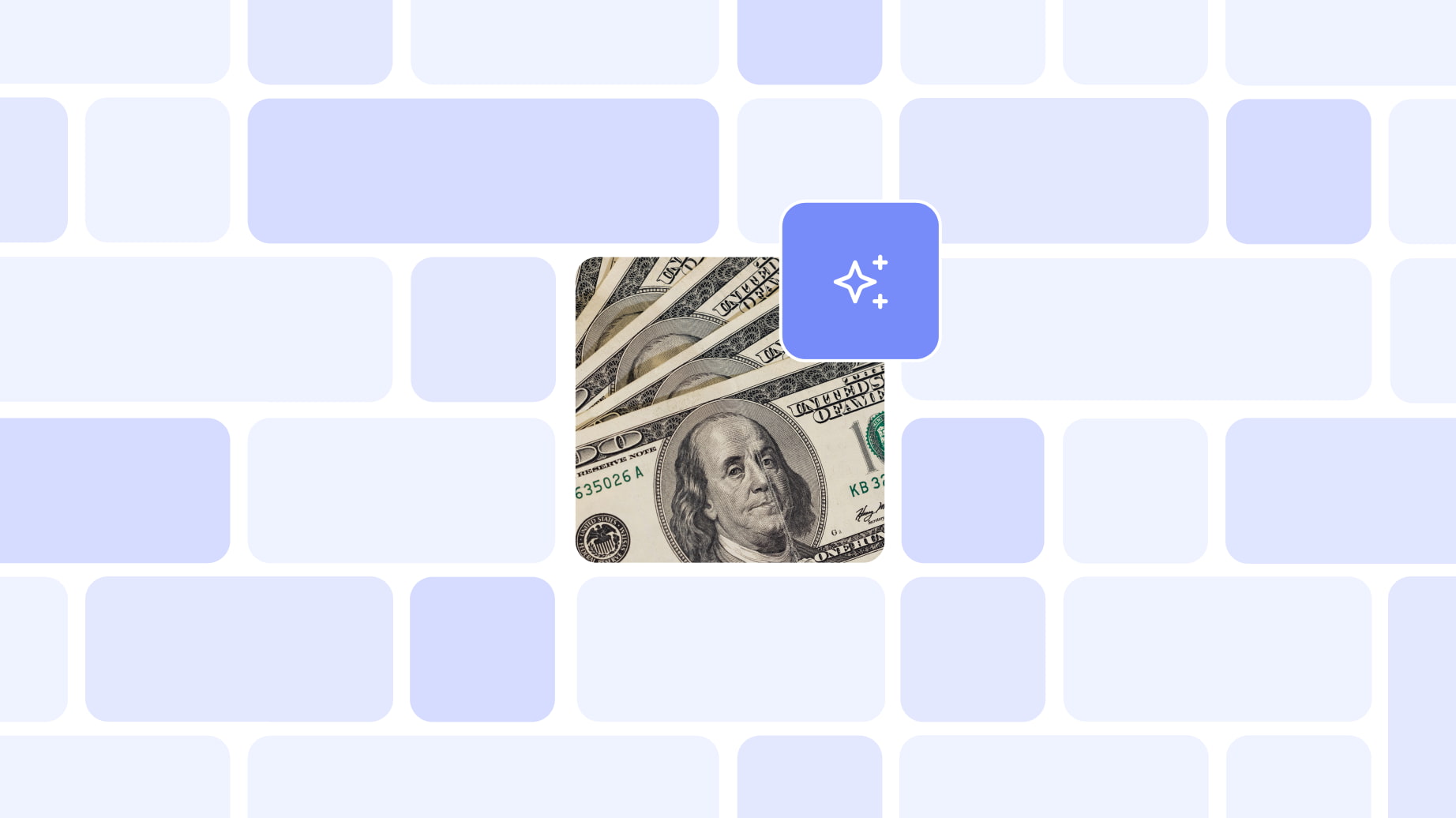 Image of a pile of cash representing banks and a sparkle representing using AI