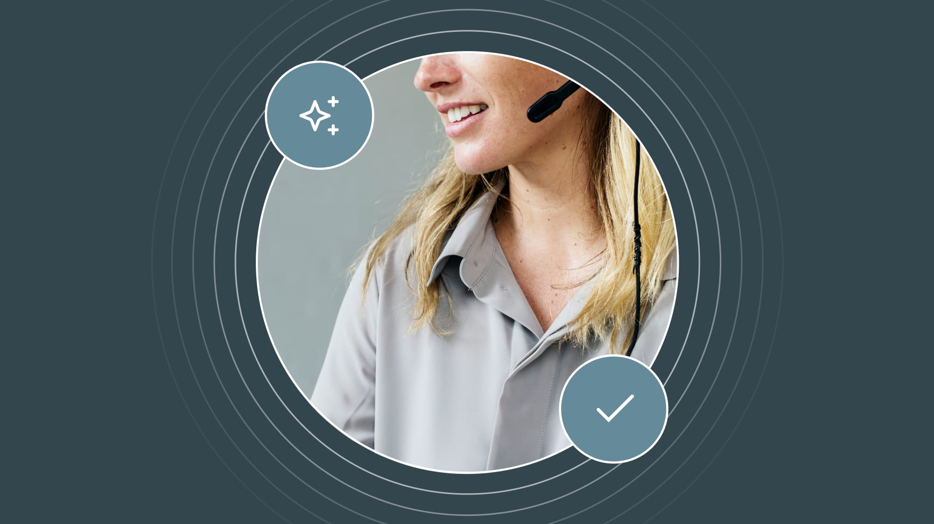 Image of a call center representative with circles around on a grey background representing using AI