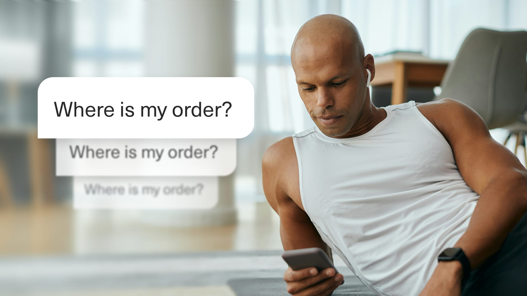 Image of a man laying down on a fitness mat using his cell phone and UI overhead that asks "where is my order?"