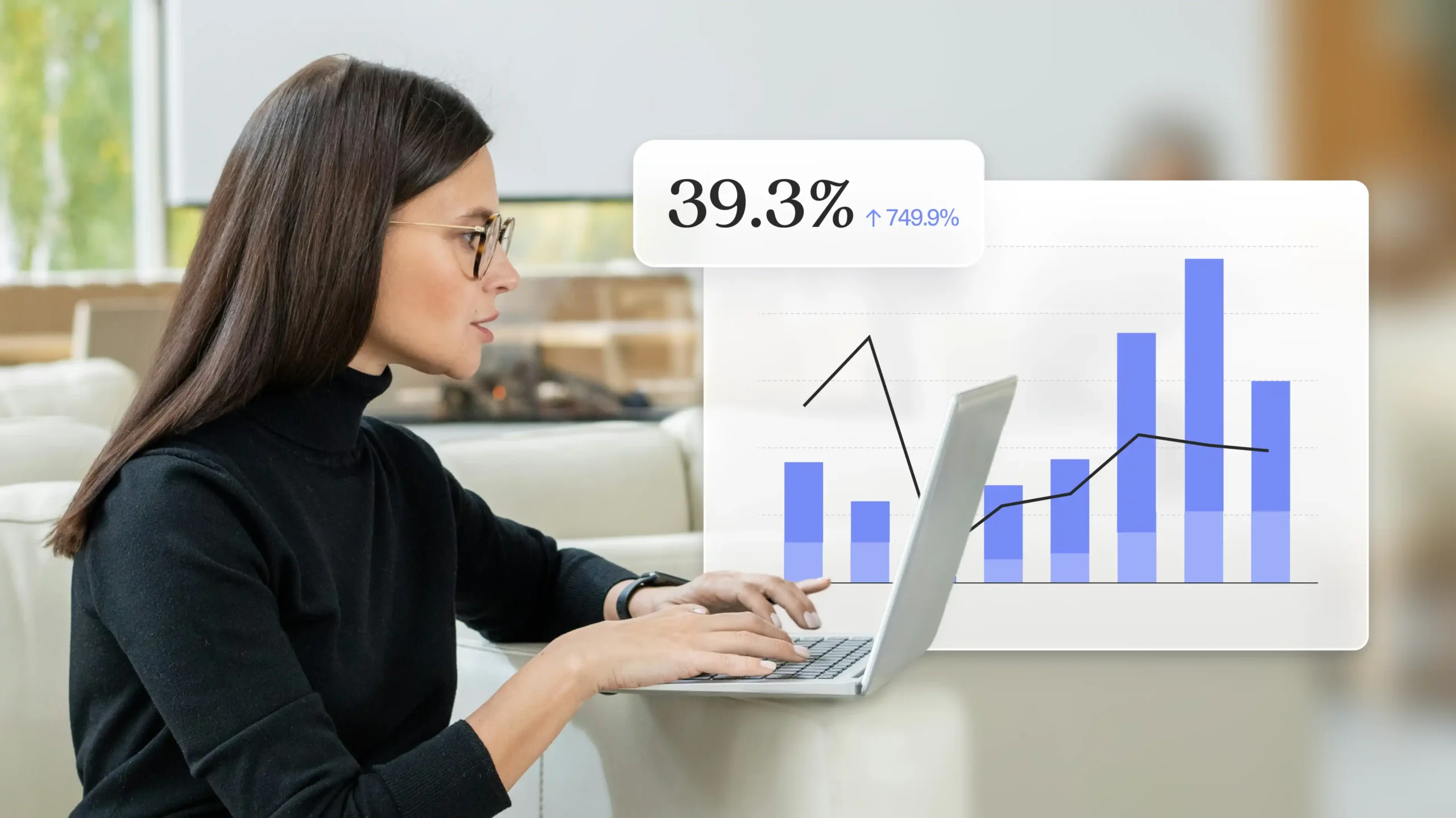 Image of a woman using a laptop with a sample chart overlaid