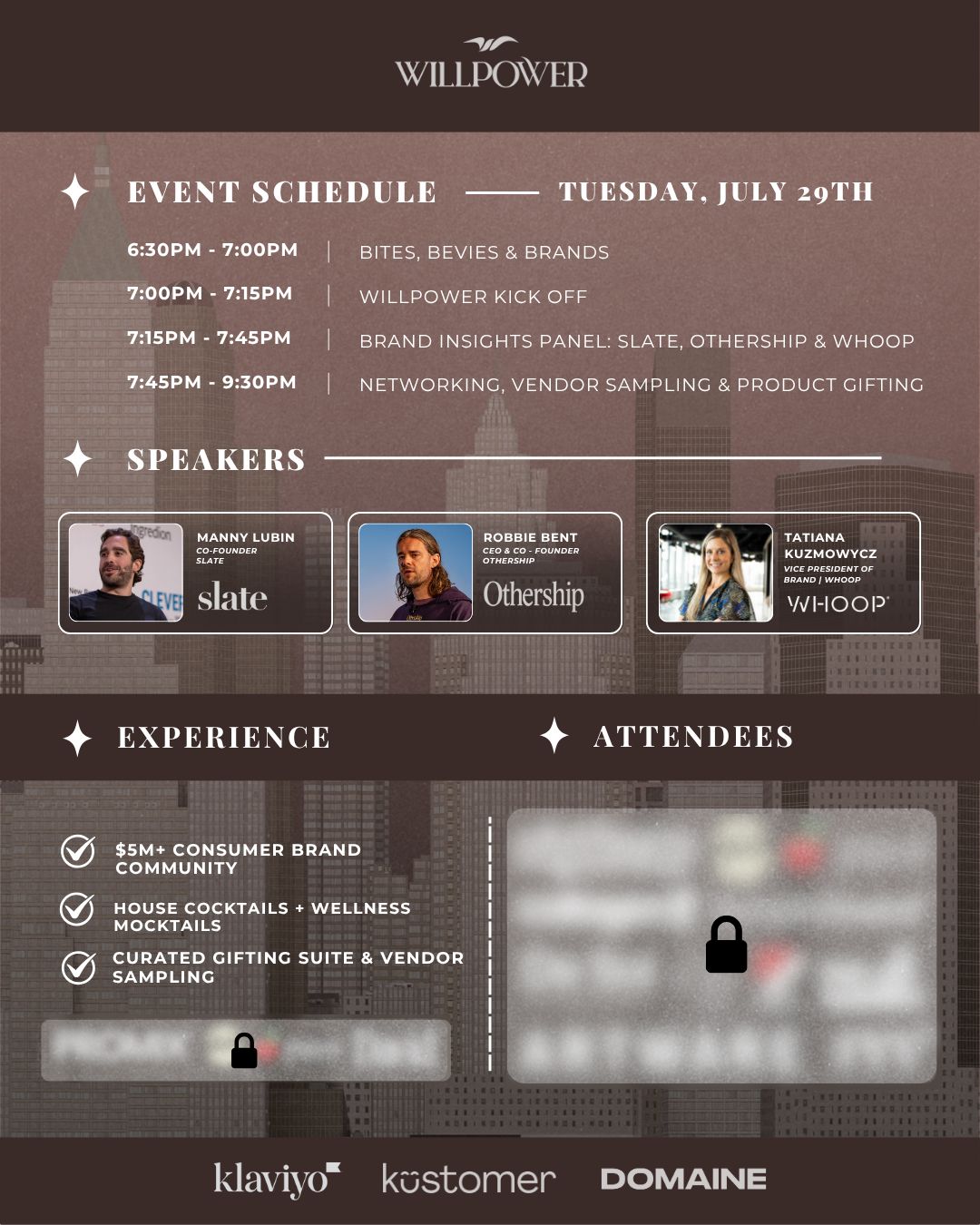 Image has event event schedule and speakers for a networking session with people who work in consumer packaged goods