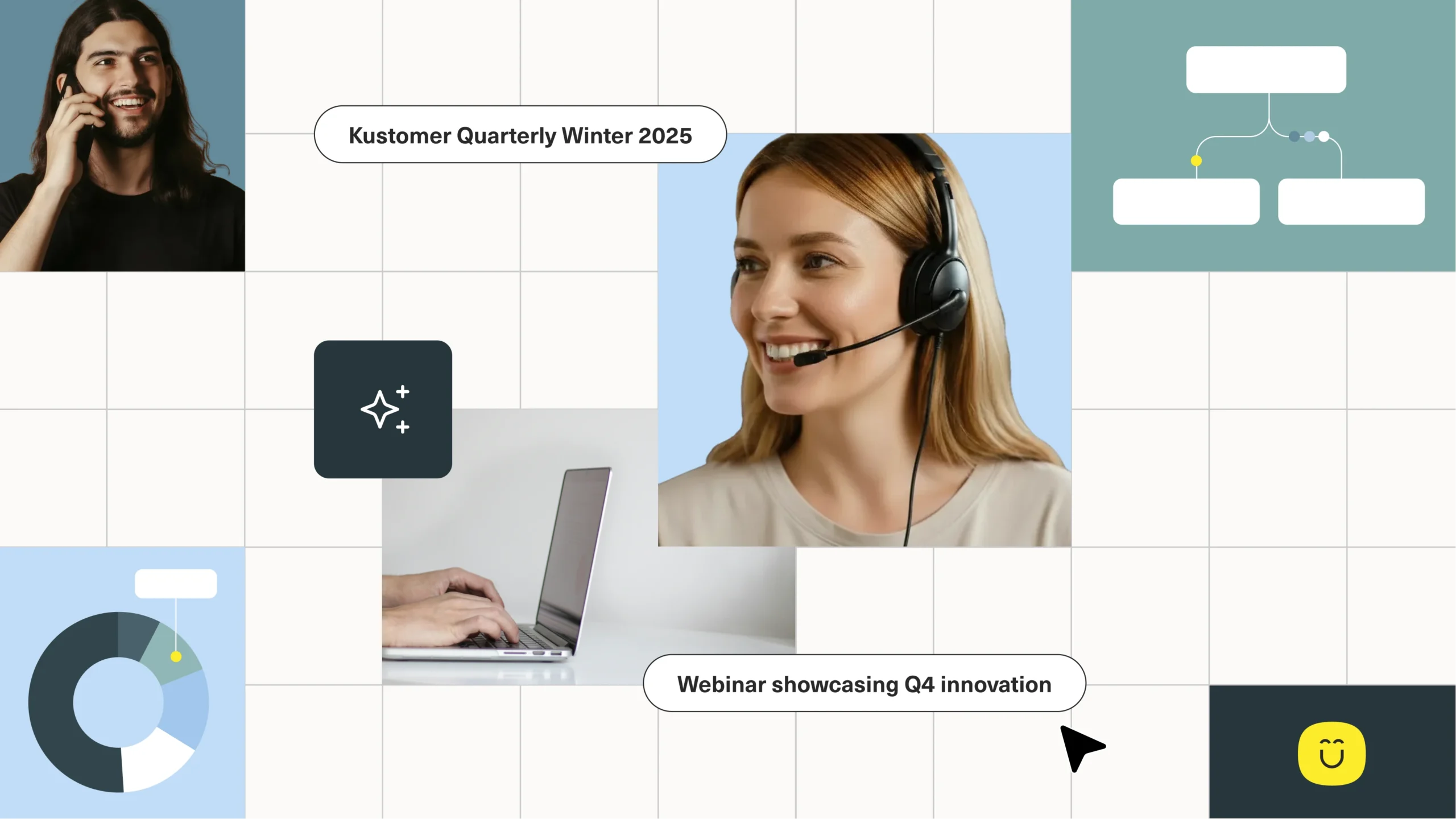 A woman wearing a headset smiles while on a call, a hand types on a laptop, and a man speaks into a microphone. Text reads Kustomer Winter Quarterly AI Innovations and Webinar showcasing Q4 innovation. Abstract icons and graphics are in the background.