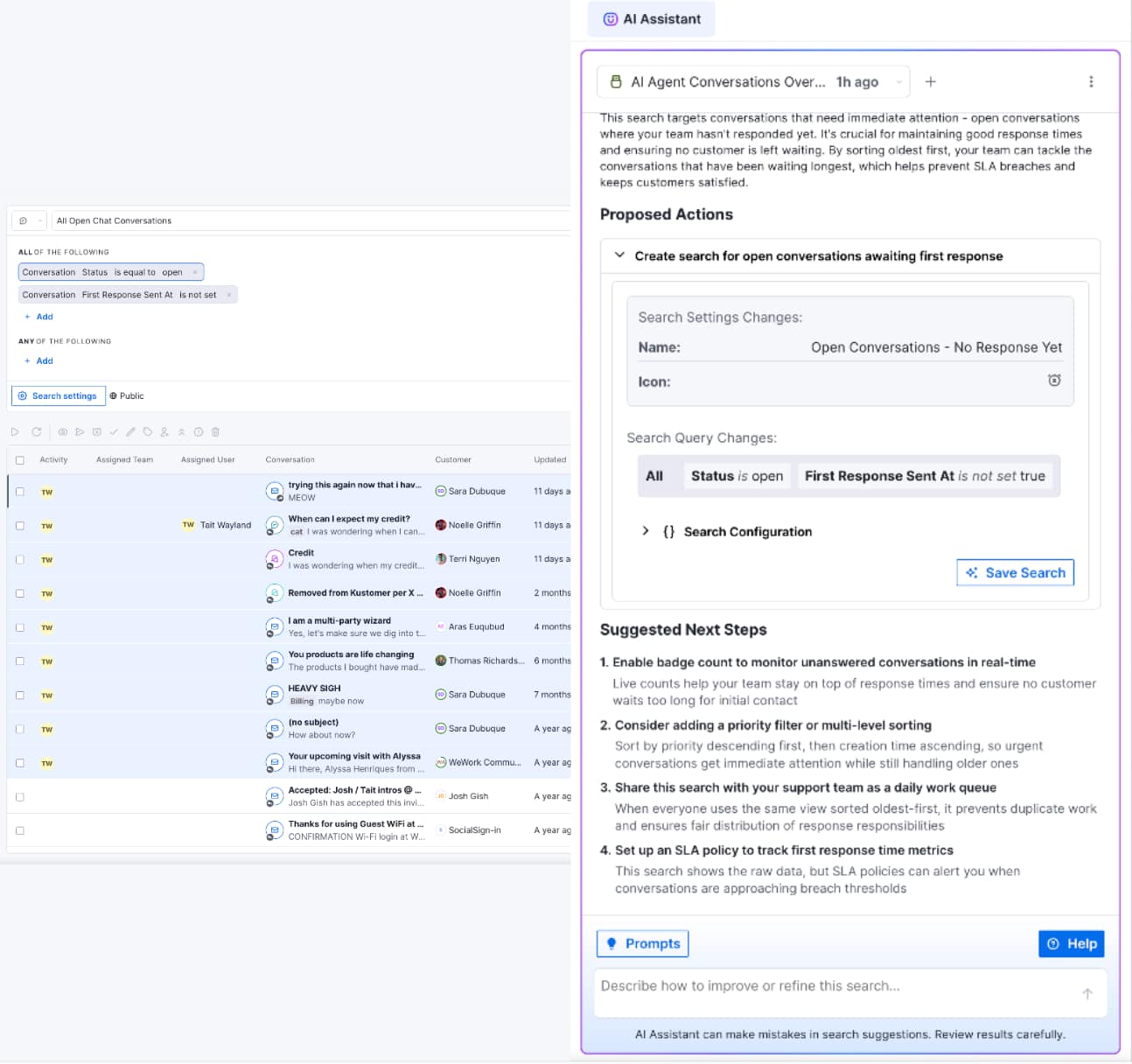 Screenshot of the Kustomer AI Search assistant which helps the user get insights in a conversation based approach