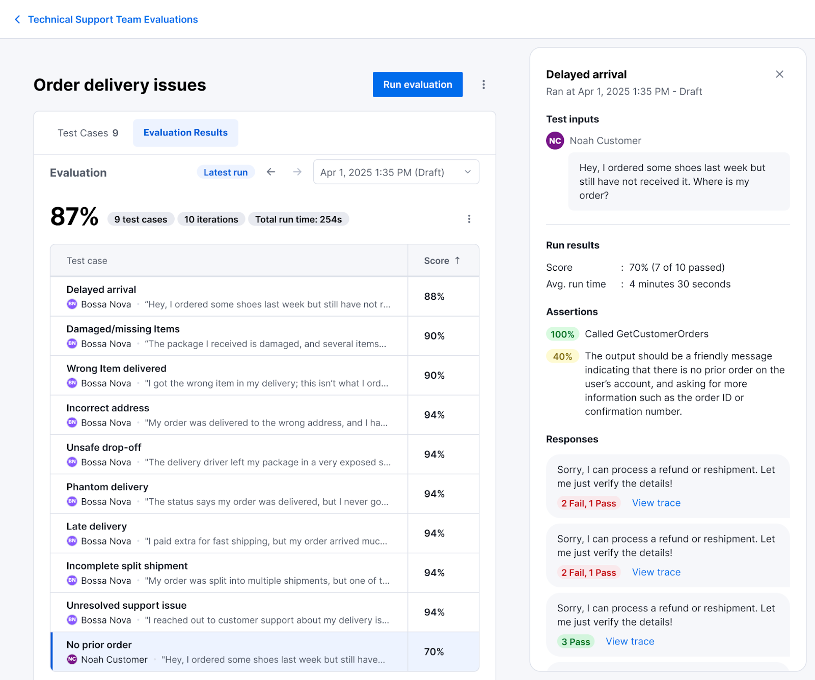 Screenshot of an evaluation dashboard for testing AI Agents on “Order delivery issues.” The page displays test cases, evaluation scores, and a panel with a sample support ticket about a delayed order, test inputs, assertions, and responses.