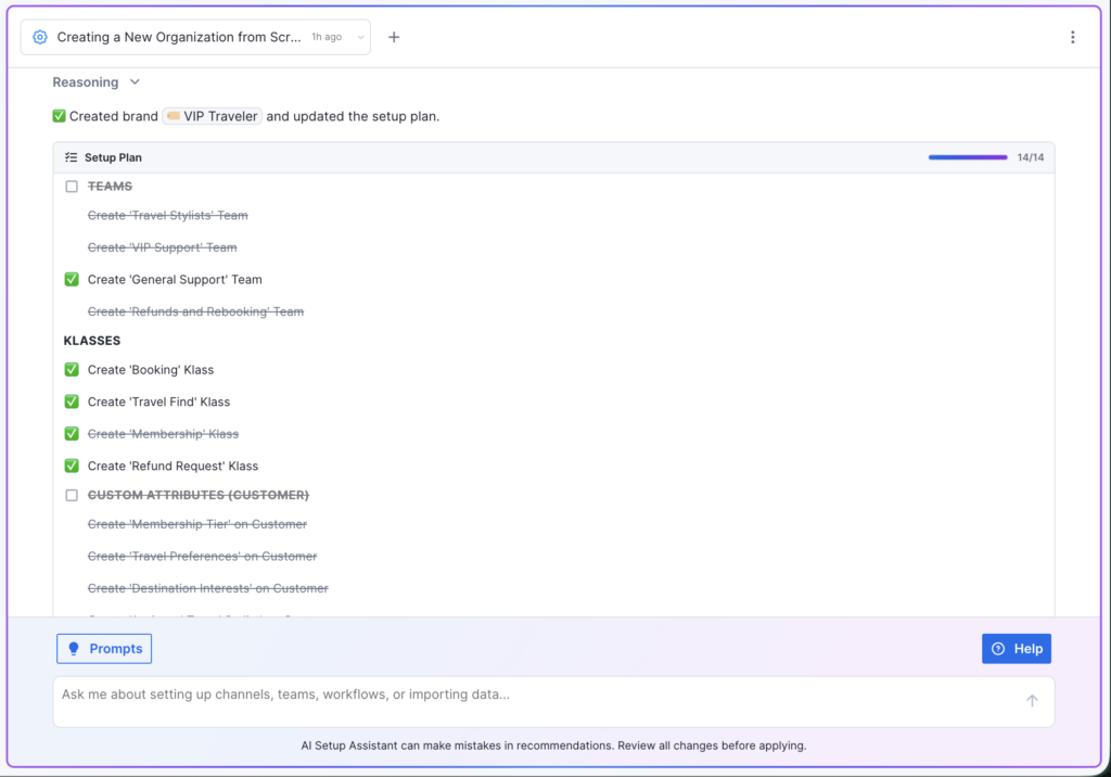 A software setup screen for an AI-Native Customer Experience Platform displays a checklist for creating a new organization. Most steps, like the “VIP Traveler” brand, teams, and classes, are checked off, with the progress bar nearing completion.