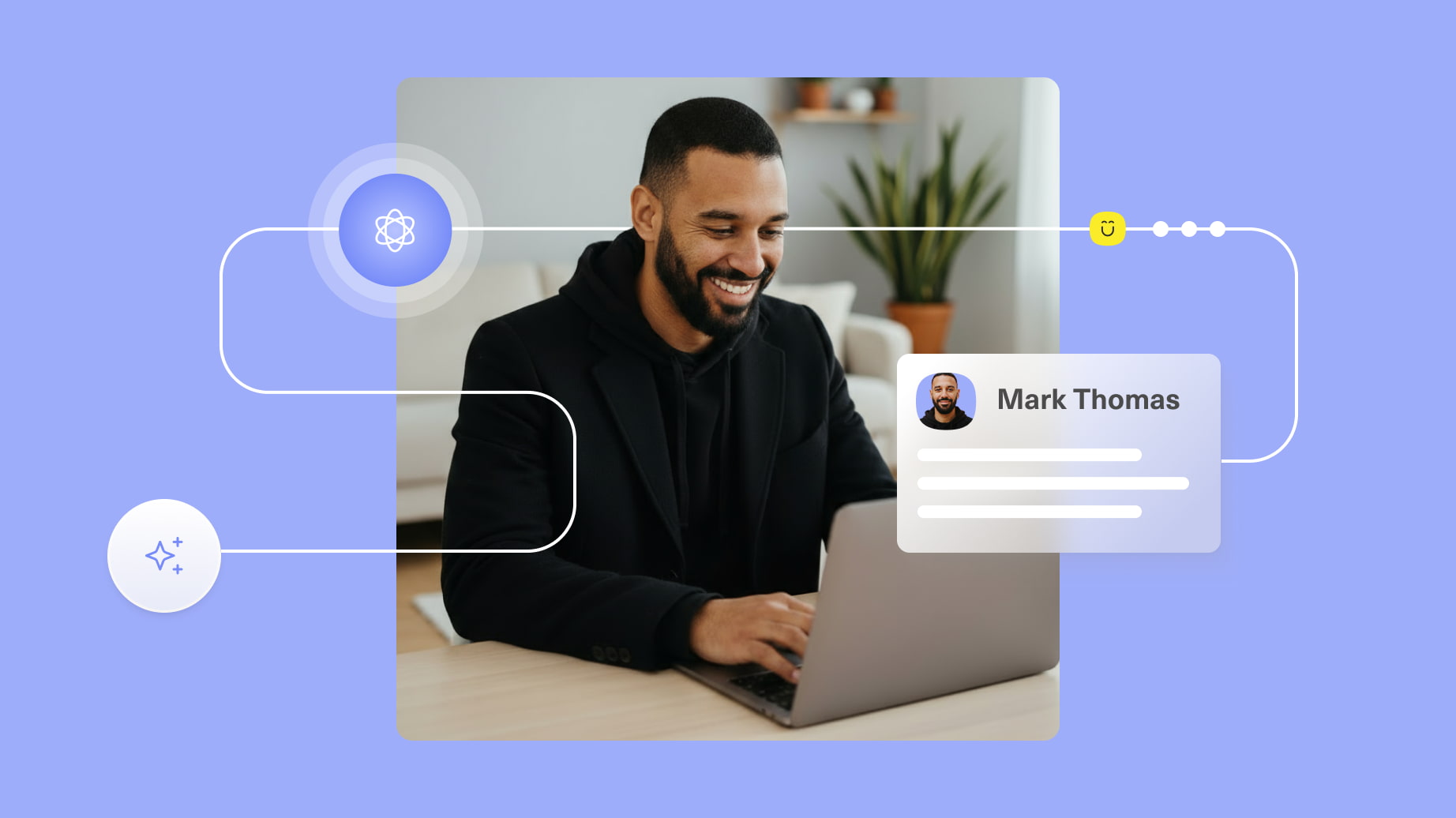 Image of man using a laptop with a simplied customer profile for him connected to other AI tools represented by a scientific logo