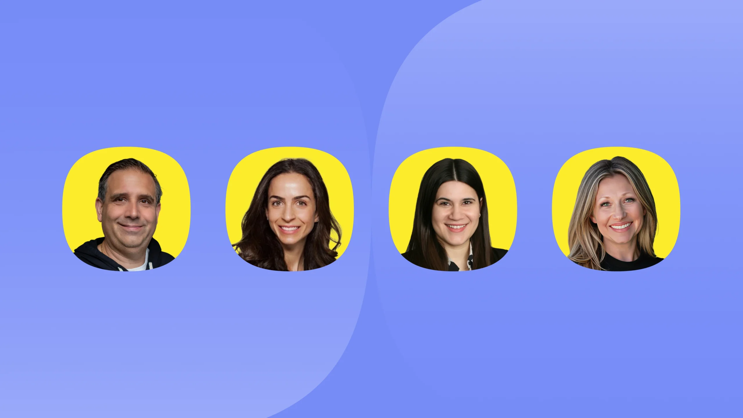 Four people, two men and two women, are shown in individual rounded-square frames with yellow backgrounds against a blue backdrop. All are smiling and facing forward, representing the team behind Kustomer Winter Quarterly AI Innovations.