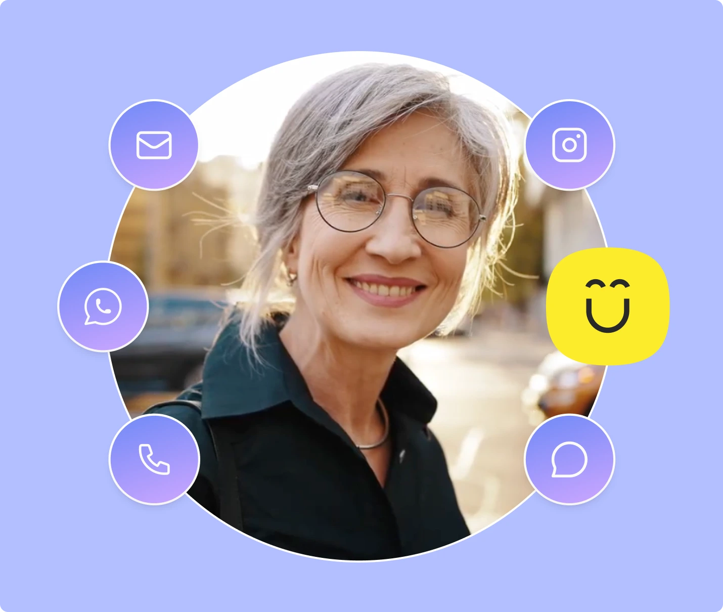 A smiling older woman with gray hair and glasses is in the center, surrounded by icons for email, Instagram, WhatsApp, phone, and chat, on a light purple background with a yellow smiling face icon.