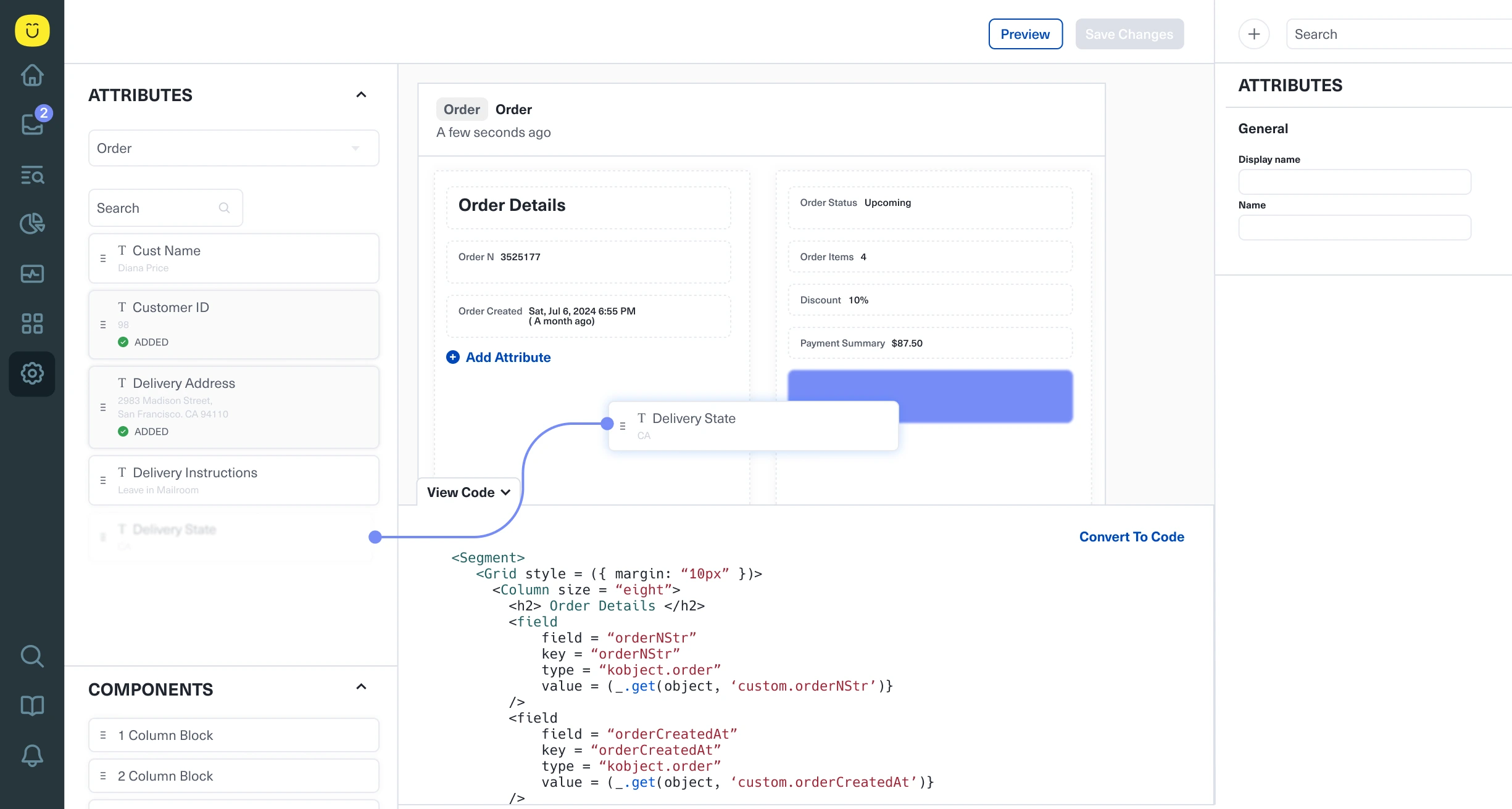A UI builder interface displays order details and code view. The left panel lists attributes and components, the center shows order details, and the bottom panel reveals underlying code for a selected attribute, with a highlighted “Delivery State” field.