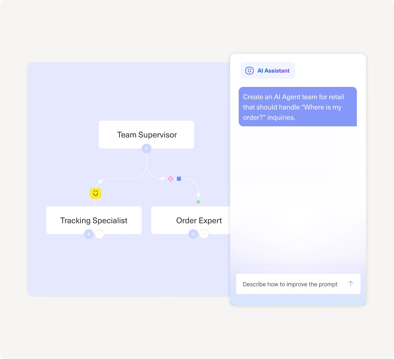 A diagram shows a Team Supervisor overseeing a Tracking Specialist and Order Expert, next to an AI Assistant chat suggesting creating an AI Agent team for handling Where is my order? inquiries.