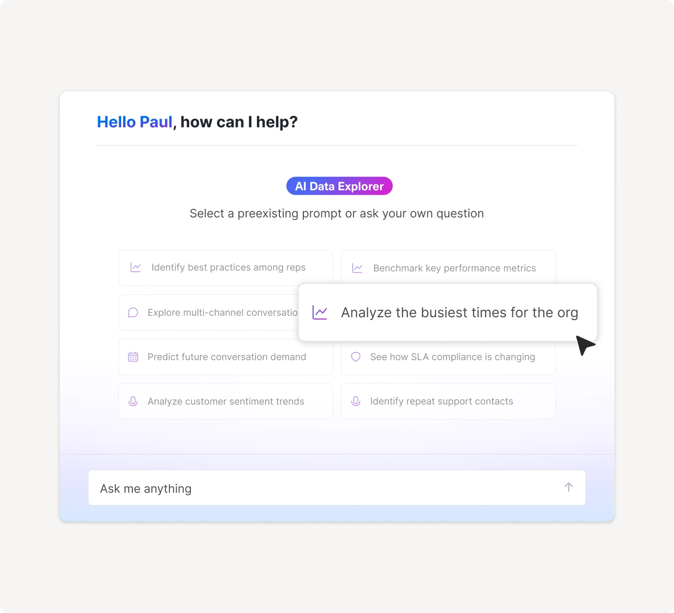A dashboard interface greeting a user named Paul, showing options for data analysis prompts. A tooltip highlights “Analyze the busiest times for the org” among several analytics-related choices.