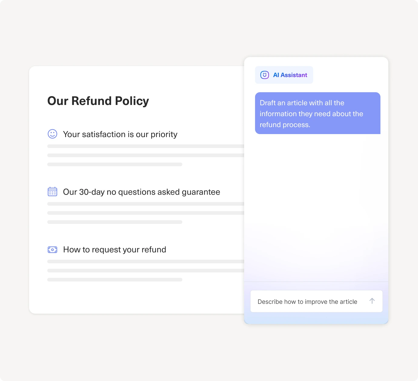 A screen shows a refund policy with three bullet points next to an AI chat assistant drafting an article about the refund process, with a prompt box below.