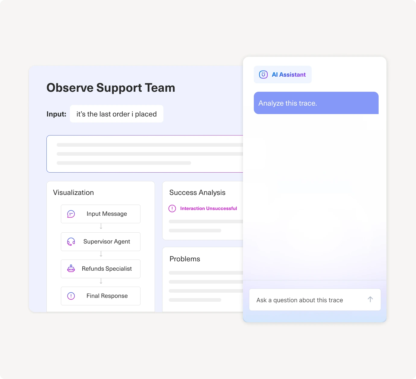 A digital dashboard displays a customer support analysis with input text, success analysis, problems, and message visualization. Beside it, an AI assistant chat window prompts, Analyze this trace.