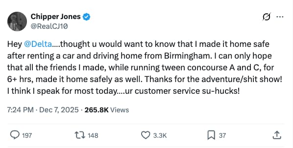 A tweet from Chipper Jones to Delta describing frustration after driving home from Birmingham and spending over 6 hours in the airport, ending with criticism of Delta’s claim as America’s best customer service.