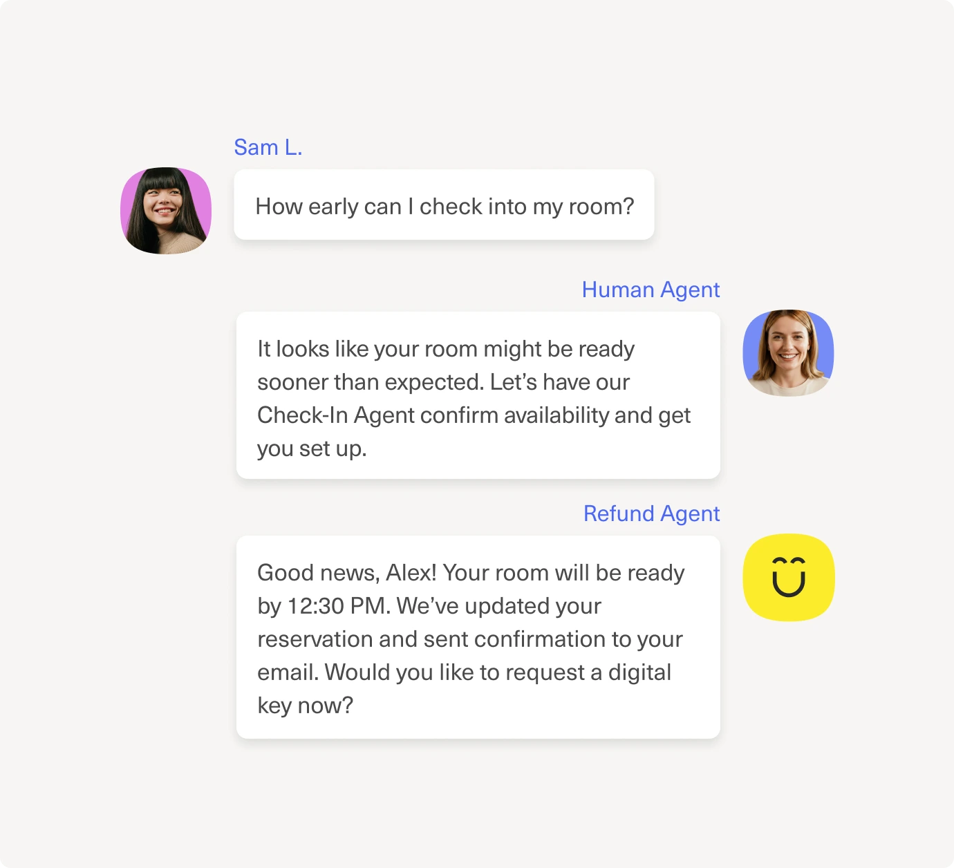 A chat conversation between a guest and two hotel agents. The guest asks about early check-in; agents confirm early room availability and offer digital key, with agent and guest profile photos visible.