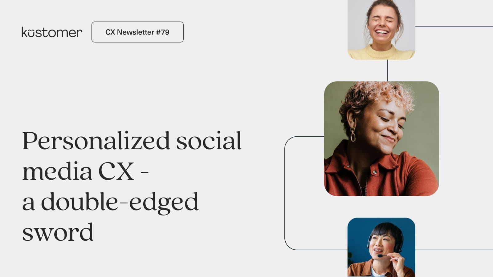 Slide titled Personalized social media CX - a double-edged sword, featuring three diverse people’s profile photos connected by lines, highlighting the impact of personalized social media on customer experience. Labeled Kustomer CX Newsletter #79 at the top.