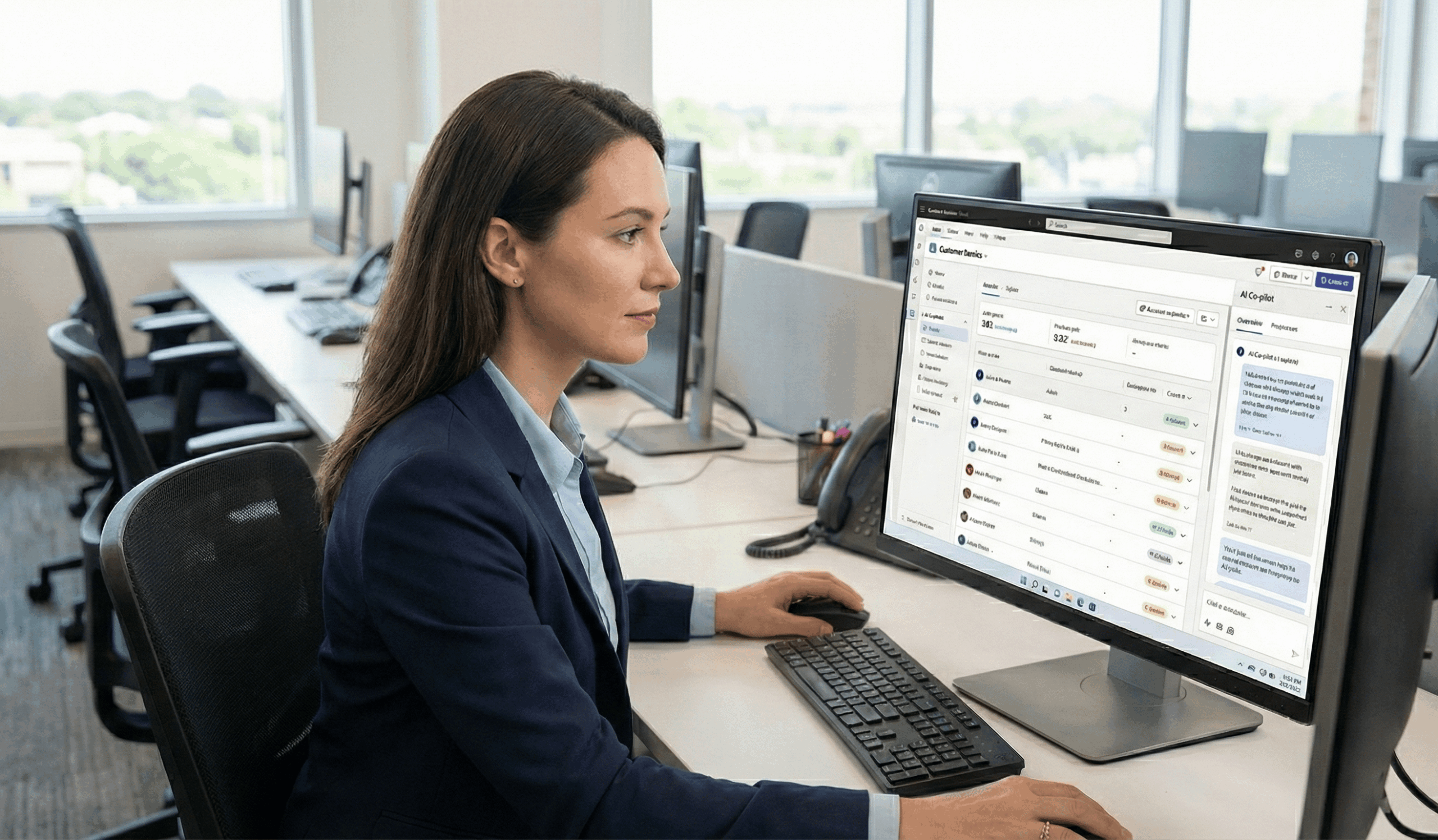 A woman sitting at a desk using a computer, assisted by AI Copilots for Support Teams.