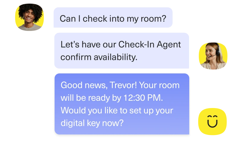 A chat conversation about hotel check-in: a guest asks if they can check in, the agent confirms availability and highlights AIC features, then informs Trevor his room will be ready by 12:30 PM, offering to set up his digital key. Smiling faces are shown.