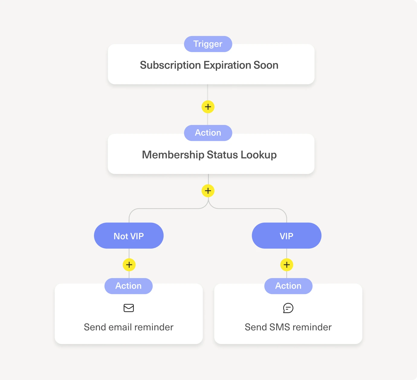 A flowchart showing: Subscription Expiration Soon triggers a Membership Status Lookup. If Not VIP, send an email reminder; if VIP, send an SMS reminder.