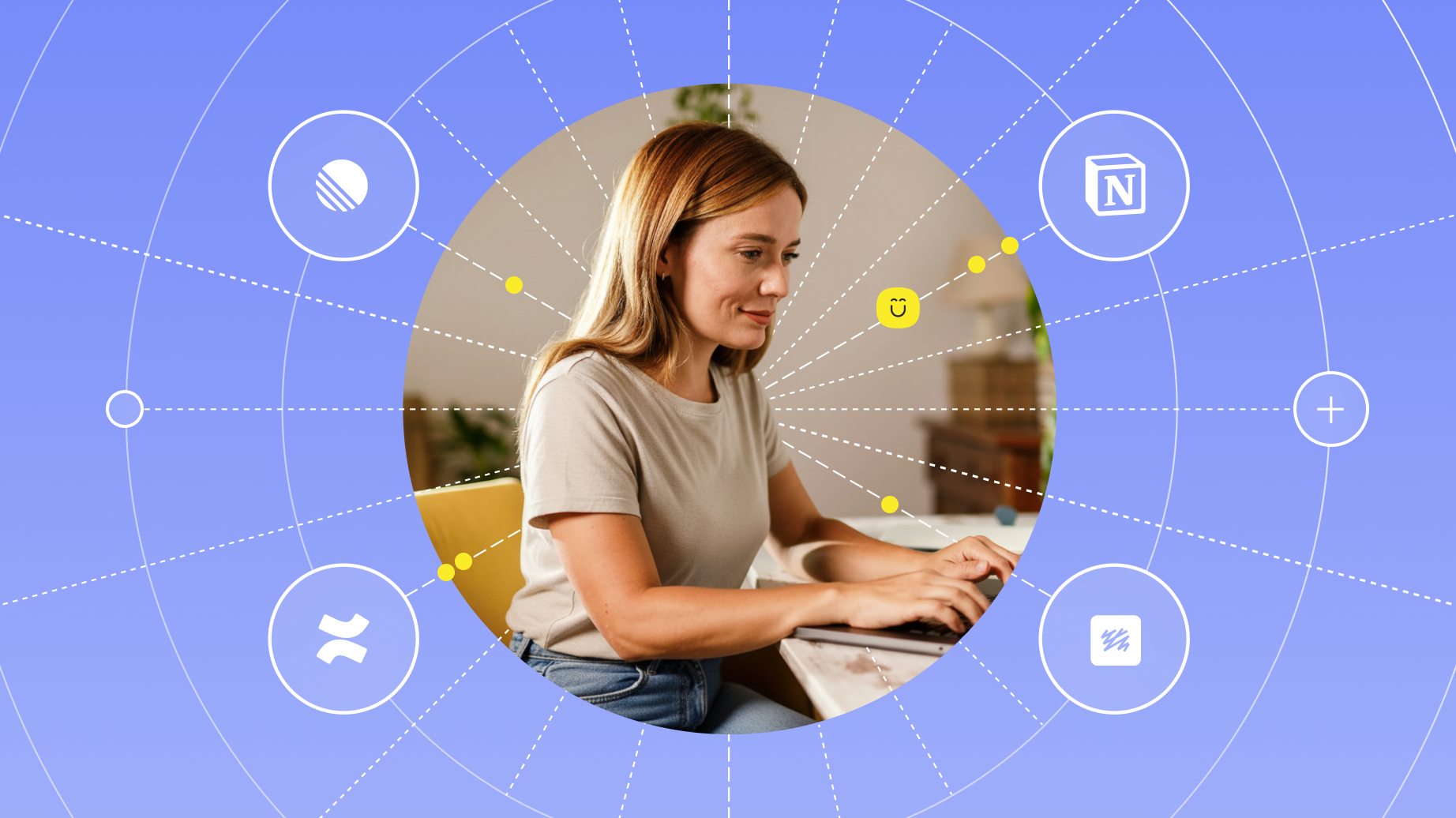 A woman sits at a desk working on a laptop, surrounded by icons representing various productivity apps, all connected by lines on a blue gradient background.