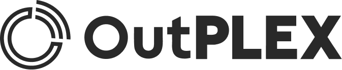 Logo for OutPLEX featuring a circular abstract design on the left and the word OutPLEX in bold, black letters to the right.