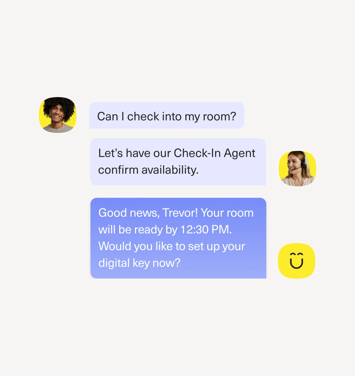 A chat conversation about hotel check-in, with text bubbles from two people and a message saying a room will be ready by 12:30 PM. A smiling face icon appears in the corner.