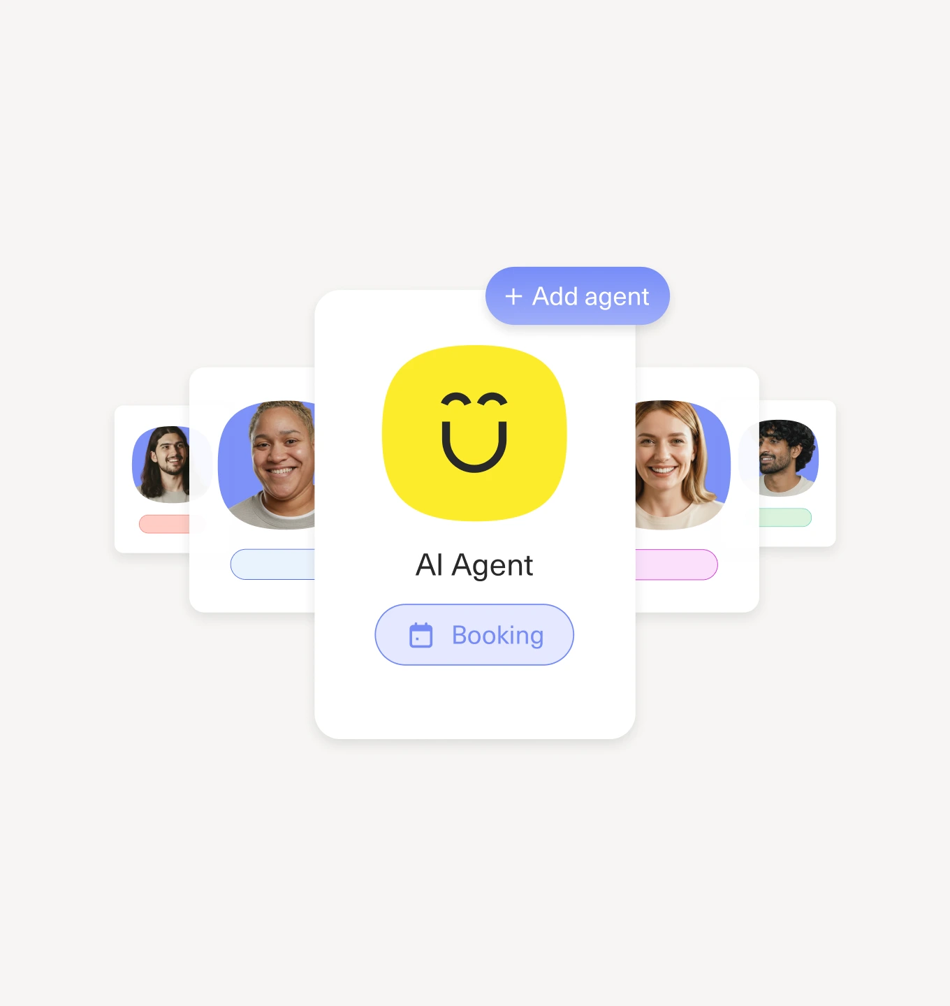 A digital interface with profile cards, the center card showing a yellow smiley face labeled AI Agent and a Booking button, surrounded by partially visible cards with people’s profile photos. A + Add agent tag is above.