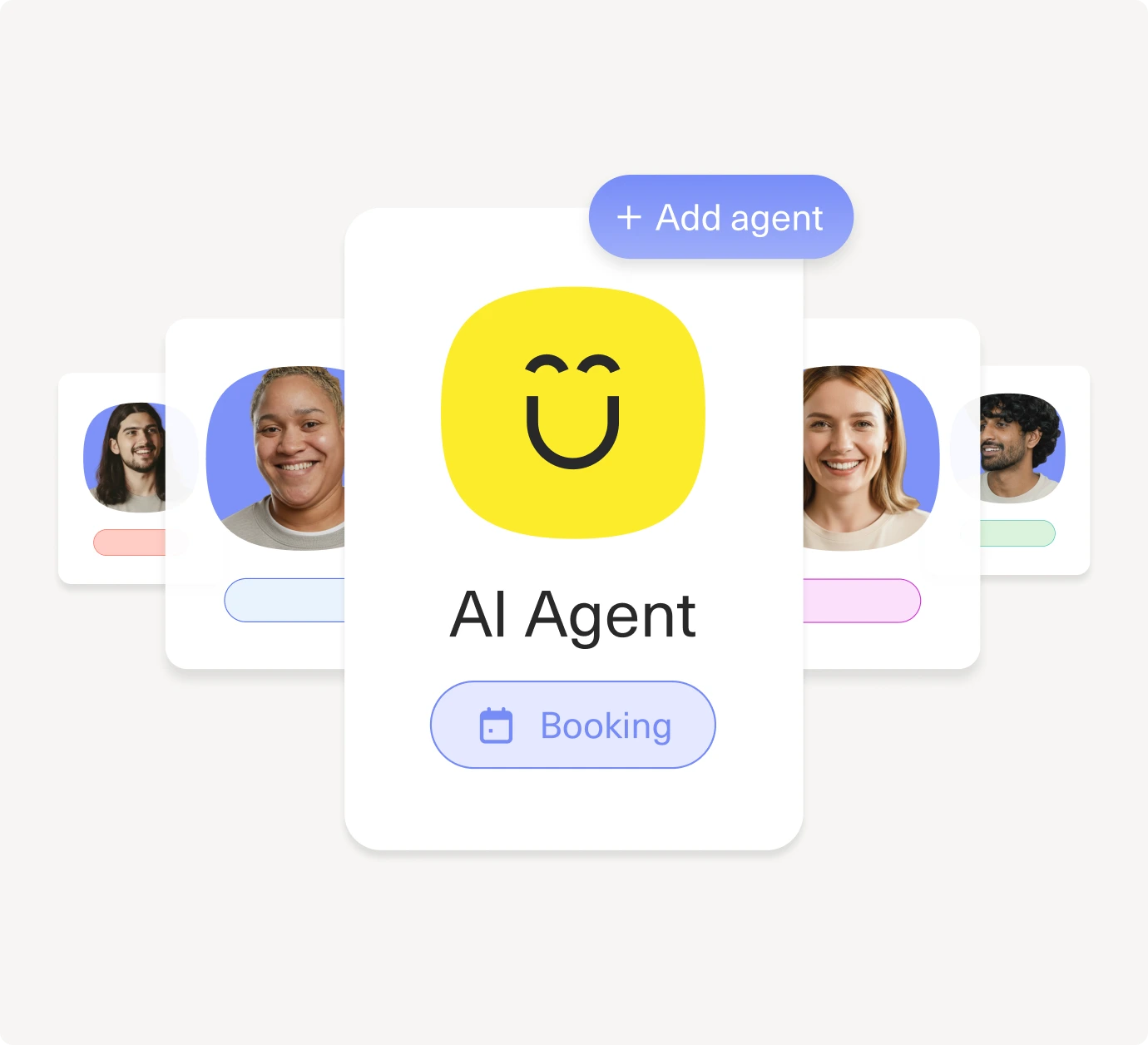 A digital interface shows a central card labeled AI Agent with a yellow smiley face, a Booking button, and an + Add agent option. Behind it are cards with diverse human avatars on colorful backgrounds.