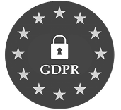 A dark circle with a padlock above the text GDPR in the center, surrounded by a ring of twelve stars.
