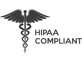 Black caduceus symbol with two snakes and wings next to the words HIPAA COMPLIANT in bold, uppercase letters on a white background.