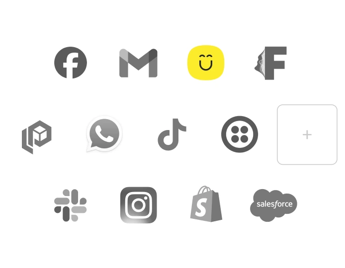 A grid of 13 different app icons, including Facebook, Gmail, Snapchat, Facebook Messenger, WhatsApp, TikTok, Twilio, Slack, Instagram, Shopify, Salesforce, and two other generic app icons.