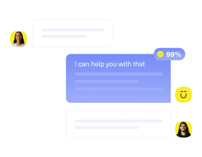 A digital chat interface with three message bubbles and profile photos; the central blue bubble says I can help you with that and has a yellow badge showing 99% with a smiley face below it.