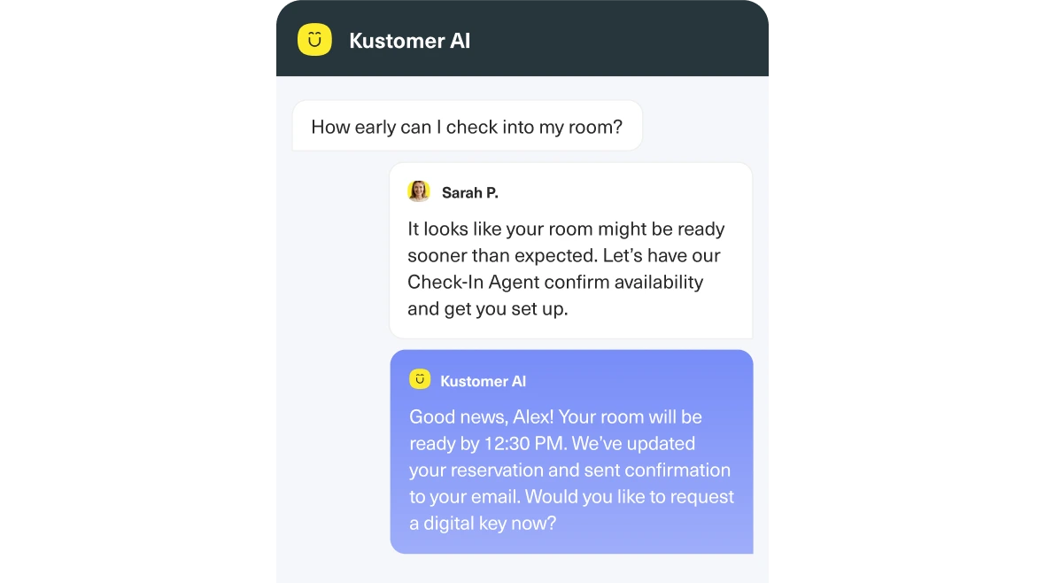 A chat interface shows a guest asking about early check-in. An agent says the room might be ready sooner, and Kustomer AI confirms the room will be ready by 12:30 PM, offering to send a digital key.