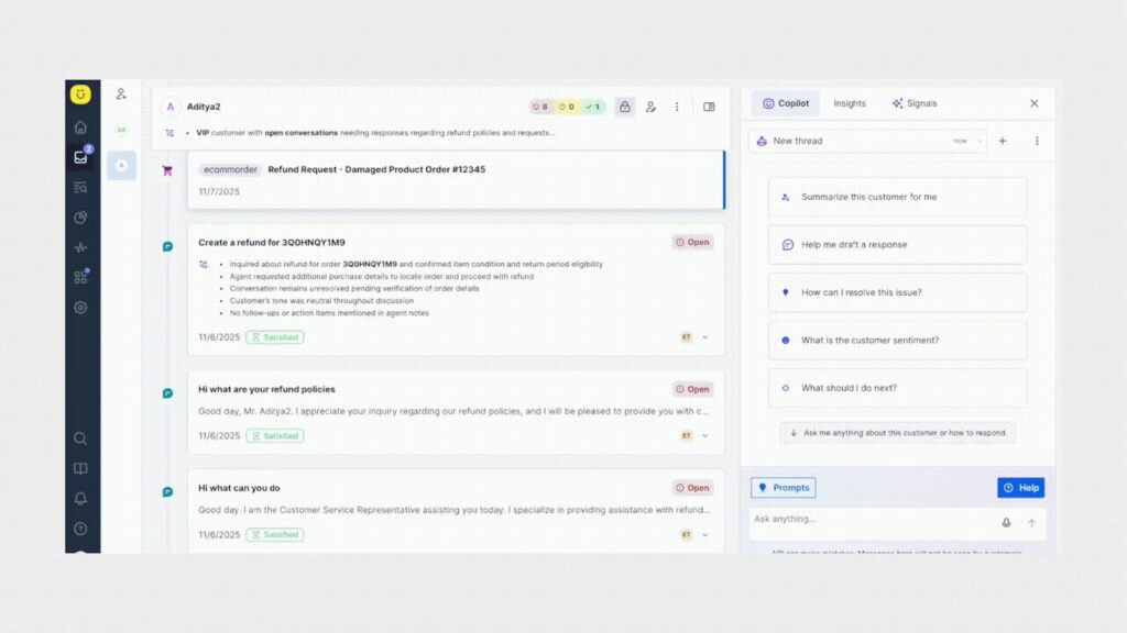 A customer support dashboard displays a refund request for a damaged product, with ticket details, suggested actions, and an AI-powered response assistant on the right—plus quick access to blog articles for handling similar issues.