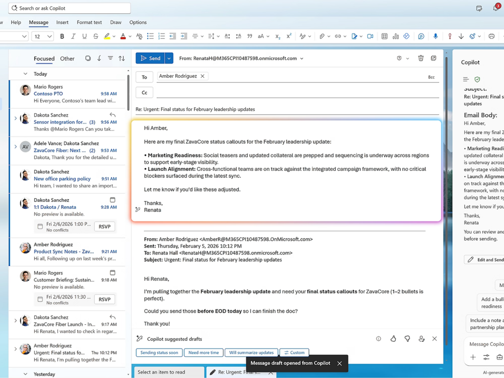 A screenshot of a GAETANO Outlook email inbox shows an open email draft requesting updates on February leadership tasks. The interface displays folders and messages on the left, mail details in the center, and Copilot suggestions at the bottom.