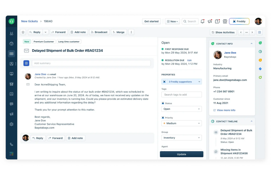 A customer support dashboard displays an email about a delayed shipment, with ticket details, customer info, status, priority, and activity history visible on the right side—ideal for managing Blog or Newsletter inquiries efficiently.