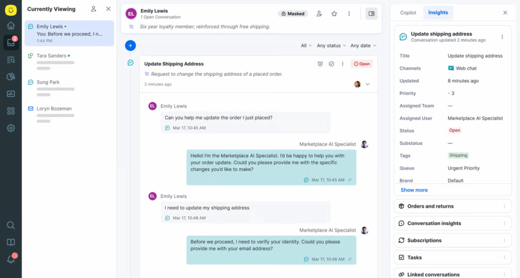 A customer service dashboard shows a conversation about updating a shipping address, with messages between Emily Lewis and a support agent, alongside customer info, conversation details, and a newsletter signup panel in the side panels.