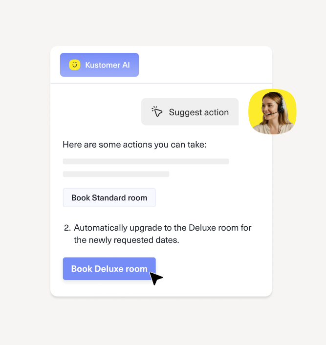 A chat interface shows Kustomer AI suggesting actions. Options include Book Standard room and Automatically upgrade to the Deluxe room. The Book Deluxe room button is highlighted. On the right, a smiling woman with a headset helps with the Block Editor.