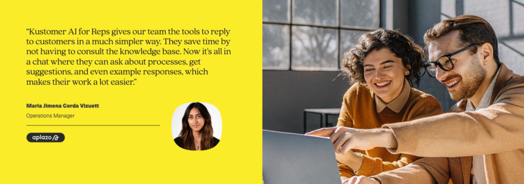 Two people sit at a desk, smiling and looking at a laptop screen. On the left, a yellow box displays a blog testimonial about Kustomer AI, with a small portrait of a woman and her name, title, and company below it.