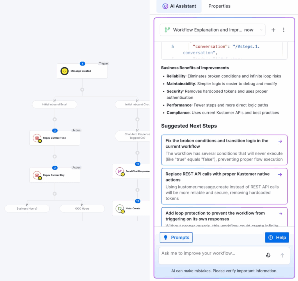 A screenshot shows a workflow automation editor on the left, with steps for message creation, checking current time, and conditional actions. On the right, a Block Editor panel suggests workflow improvements and next steps, with code and explanations.