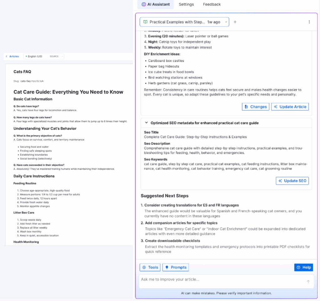 A screenshot shows a content management interface with a Cats FAQ article on the left and an AI Assistant panel on the right, offering Block Editor tips like SEO optimization and checklist generation for the cat care guide.