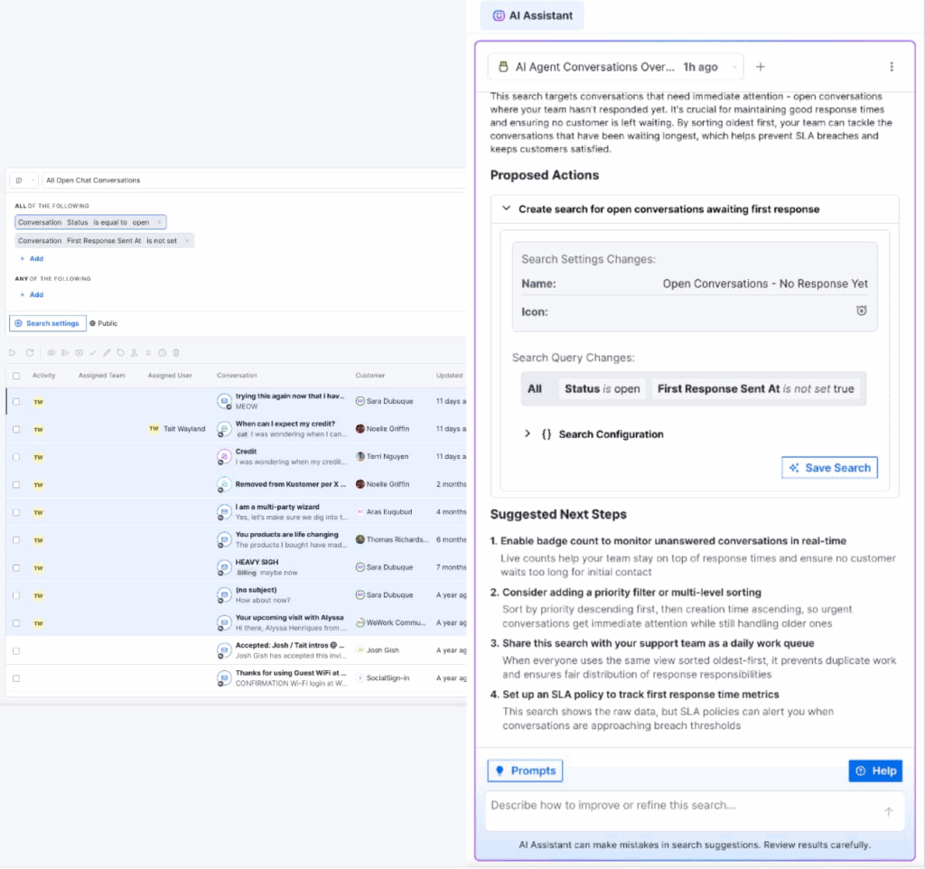 A dashboard displays a customer service platform with open chat tickets on the left and an AI assistant panel on the right, suggesting actions, search queries, and next steps—much like a blog block editor guiding content creation.